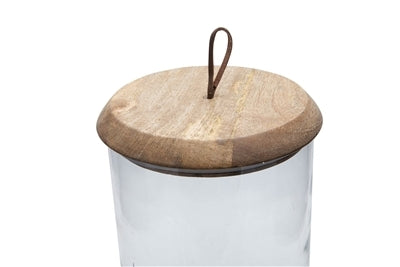 SM. MANGO WOOD AND GLASS COVERED JAR H5.25" - CLEAR & NATURAL