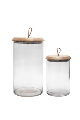 SM. MANGO WOOD AND GLASS COVERED JAR H5.25" - CLEAR & NATURAL