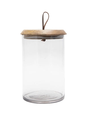 SM. MANGO WOOD AND GLASS COVERED JAR H5.25" - CLEAR & NATURAL